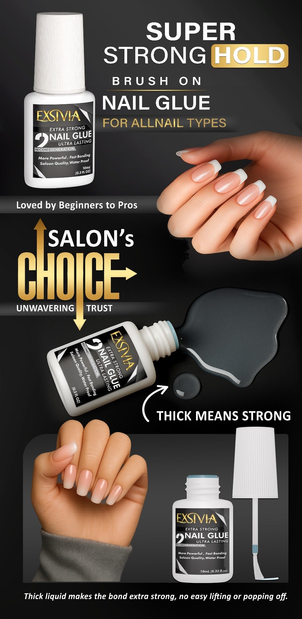 Extra Strong Brush On Nail Glue 10ml Exsivia - Quick Dry Waterproof Long Lasting Bond for Press On Nails Acrylic Fake Nail Tips - No Dehydrator or Primer Needed Salon Quality Nail Adhesive for Women