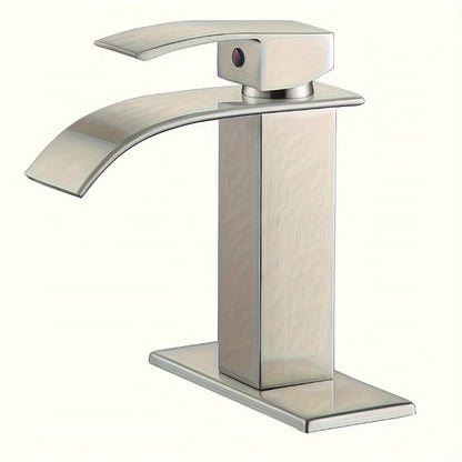 Waterfall Bathroom Sink Faucet, Single Hole or 3-Hole Mixer Tap with 6" Deck Plate, Ceramic Valve, Vanity Faucet for Farmhouse RV Bathroom, Brushed Gold Matte Black Nickel Chrome