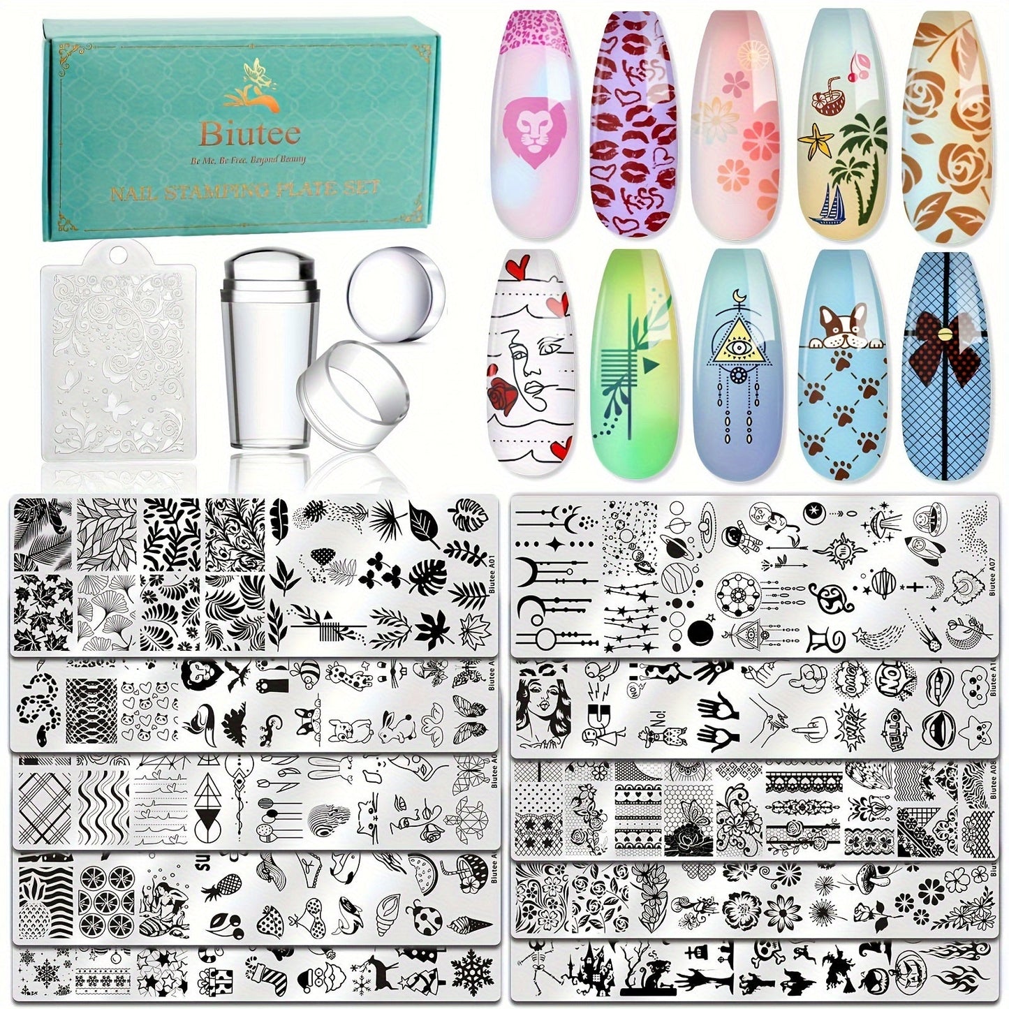 Nail Stamping Plates Set with Stamper & Scraper - Stainless Steel Nail Art Stamp Kit for Beginners & Pros, 14/15/26pcs Holiday Manicure Design Bundle, Christmas Birthday Gift