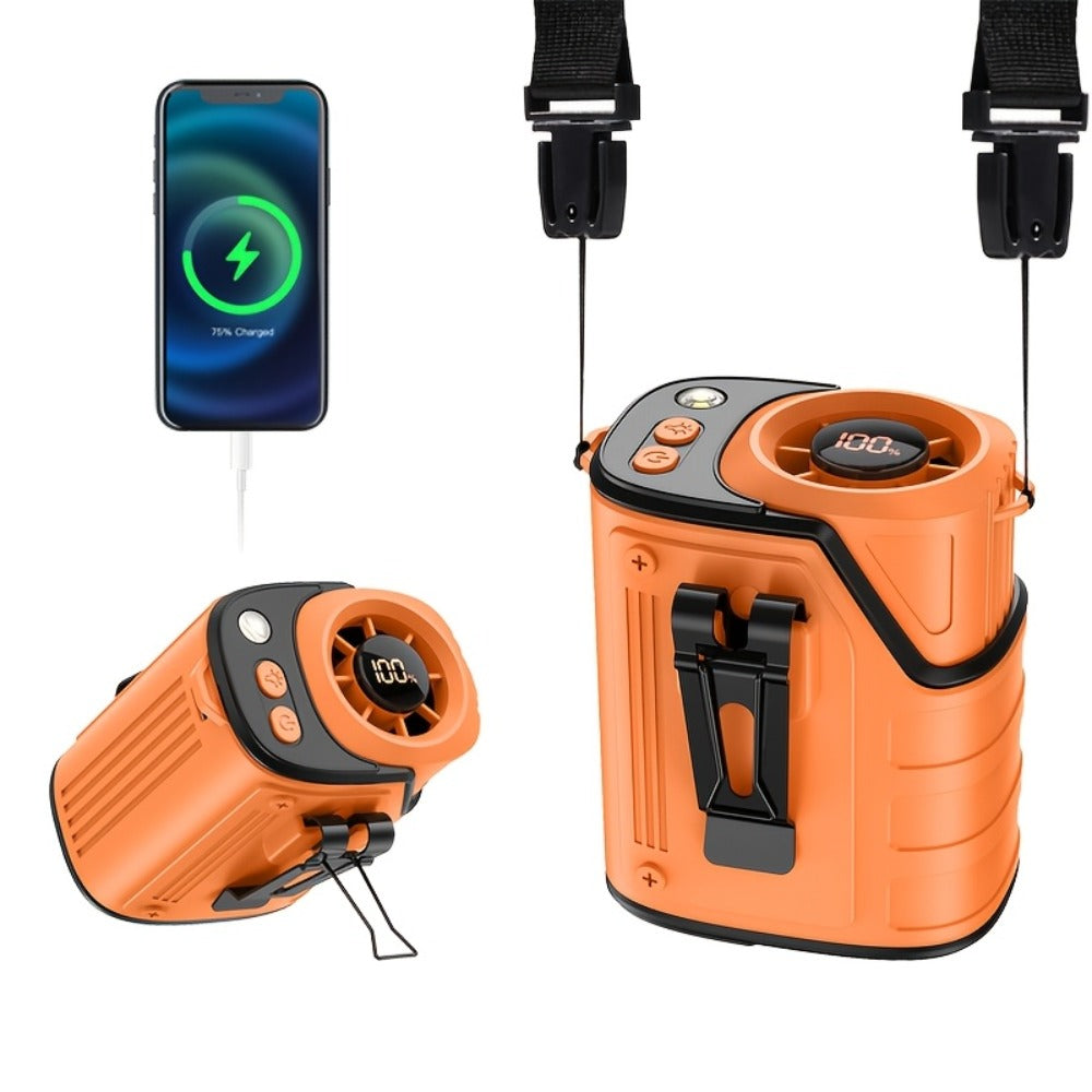 3-in-1 Portable Waist Fan with LED Flashlight & Power Bank | Rechargeable Clip-On Cooling Fan for Outdoor Work, Camping & Construction Sites, 3600mAh Battery, Digital Display