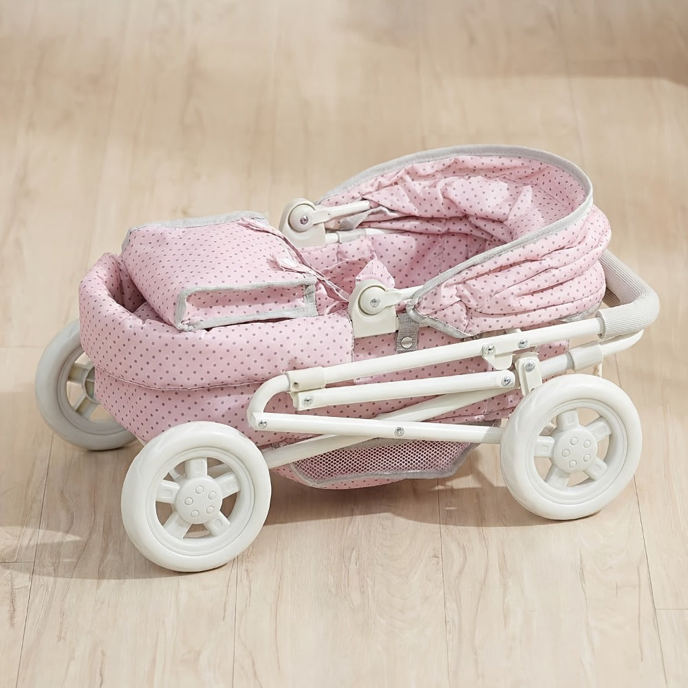 3-in-1 Baby Doll Stroller Set Pink Foldable Pram with Bassinet & Carry Bag for 14-24 Inch Dolls Swivel Wheels Adjustable Handle Nursery Role Play Gift for Girls Ages 3-12 (No Doll)
