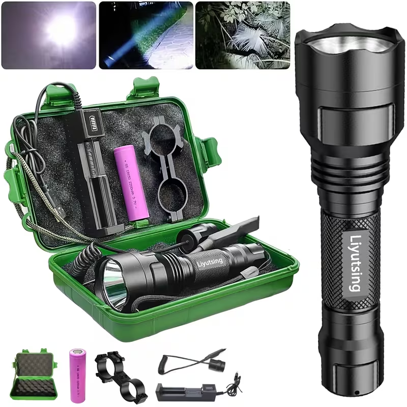 Night Hunting Flashlight with Remote Control Switch – 350 Yards High Power Green Red White Light, 18650 Rechargeable, Multiple Mounts for Hunting, Fishing, Camping & Beekeeping, Best Gift for Men