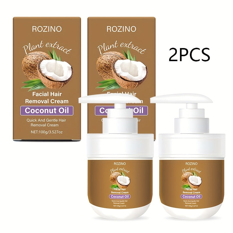 Coconut Oil Hair Removal Cream 2-Pack Gentle Depilatory for Women & Men — Natural Ingredients Deeply Hydrating Minimizes Irritation, Smooth Skin for Face Legs Arms Body, At-Home Painless Hair Removal Set