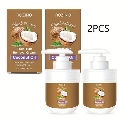 Coconut Oil Hair Removal Cream 2-Pack Gentle Depilatory for Women & Men — Natural Ingredients Deeply Hydrating Minimizes Irritation, Smooth Skin for Face Legs Arms Body, At-Home Painless Hair Removal Set