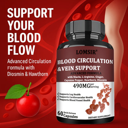 Blood Circulation Supplement Capsules with Niacin, L-Arginine, Hawthorn & Diosmin – Leg Vein, Heart & Cardiovascular Health Support | Cayenne Pepper, Ginger & Nitric Oxide Blood Flow Pills | 60 Capsules