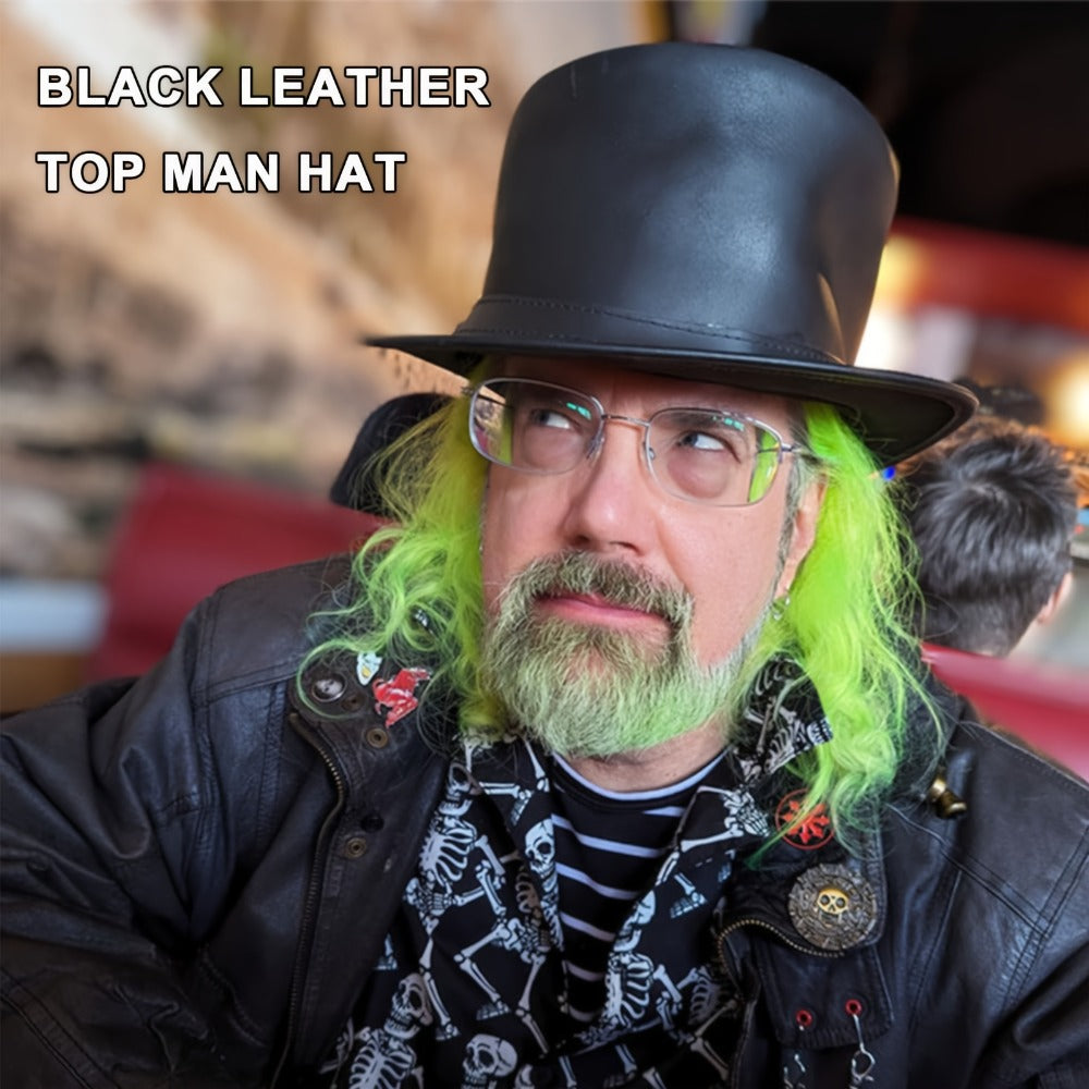 Genuine Leather Top Hat Steampunk – Shapeable Wide Brim Gentleman Hat for Men Women, Halloween Costume Topper, Deadman Victorian Derby Hat, Handcrafted Top-Grain Leather, Black, Sizes S-3XL