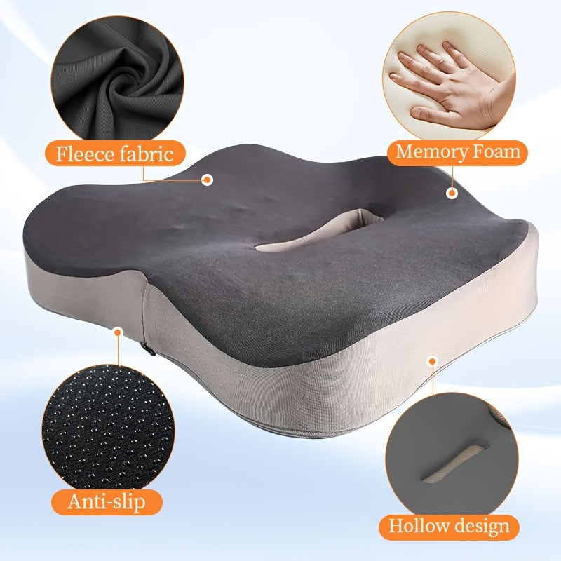 1pc Ergonomic Memory Foam Seat Cushion with Center Groove Design - Pressure Relief & Posture Support, Non-Slip Base, Soft Polyester Cover for Office, Home, Car - White/Black, Seat Cushion for Long Sitting, Posture Improvement, Durable Seating Comfort