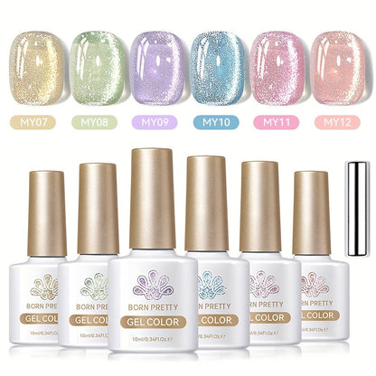 BORN PRETTY Cat Eye Gel Polish 6PCS Flowing Series Magnetic 10ml Alcohol Free Soak Off LED UV 30-Day Wear – Flowing Cat Eye Nail Art Gel Set for Salon & DIY Manicure, Nail Gift for Women