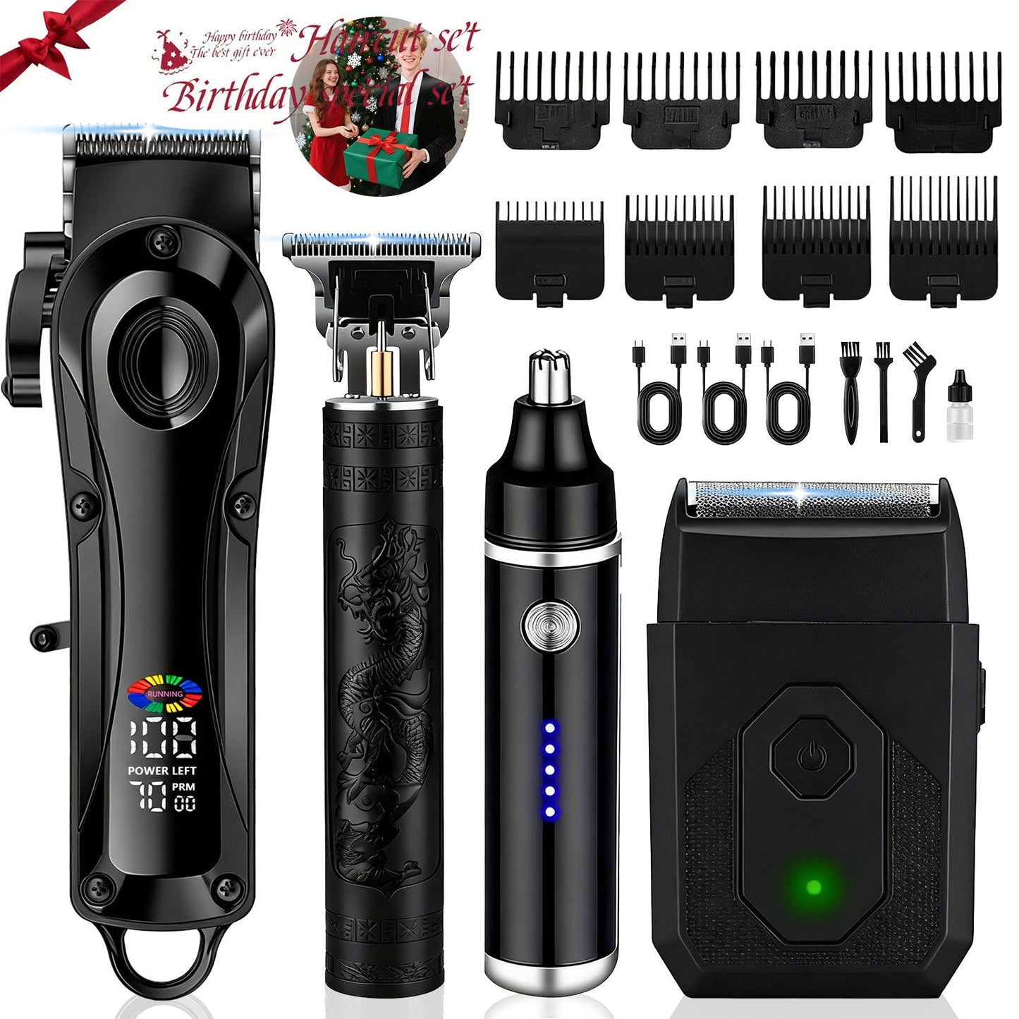 Electric Hair Clipper Set with LCD Screen - USB Rechargeable Hair Trimmer Kit with T-Blade, Guide Combs, Nose Hair Trimmer, Professional Grooming Kit for Men & Women, Home & Barber Shop Use