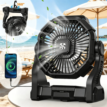 Camping Fan with LED Lantern, 3-in-1 Battery Powered Portable Fan Light for Tent Outdoor, Rechargeable Electric Fan with Timer 360° Rotation, for Camping Hiking Barbecue Travel Emergency