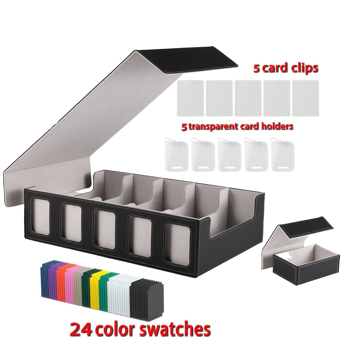 Trading Card Storage Box 5-Row with 24 Colored Dividers, 5 Card Sleeves & 5 Grid Boards – Card Organizer for Pokemon MTG Yu-Gi-Oh Sports Cards, Collection Display & Daily Storage, 5 Colors