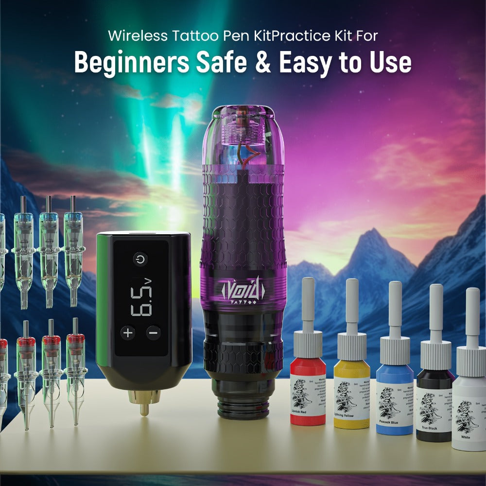 Rotary Tattoo Pen Machine Kit — 1200mAh Battery, LED Display, 4.0mm Stroke, Anti-Slip Grip, Adjustable 4-12V, Universal Cartridge Compatible, Cosmic Violet & Aurora Green for Beginners & Artists
