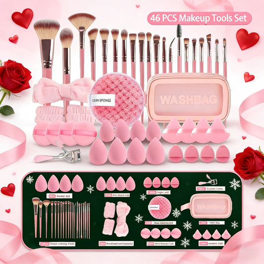 Makeup Brush Set 46PCS with Triangle Sponge Puff ABS Handle Nylon Bristles - Foundation Blending Contour Eyeshadow Highlighter Powder Lip Brushes - Complete Beauty Kit Gift for Women Beginners Pros