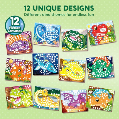 Dinosaur Dot Sticker Art Kit for Kids – 12 Picture Canvases & 1400+ Dot Stickers No Mess Creative Activity, Travel Toy Arts Crafts Birthday Gift Boys Girls Ages 3-8