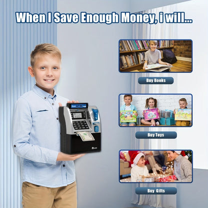 Electronic ATM Kids Piggy Bank with Password – Banknote & Coin Savings Bank for Boys Girls, Birthday Gift, Christmas Gift, Interactive Money Bank Toy, Black & Blue