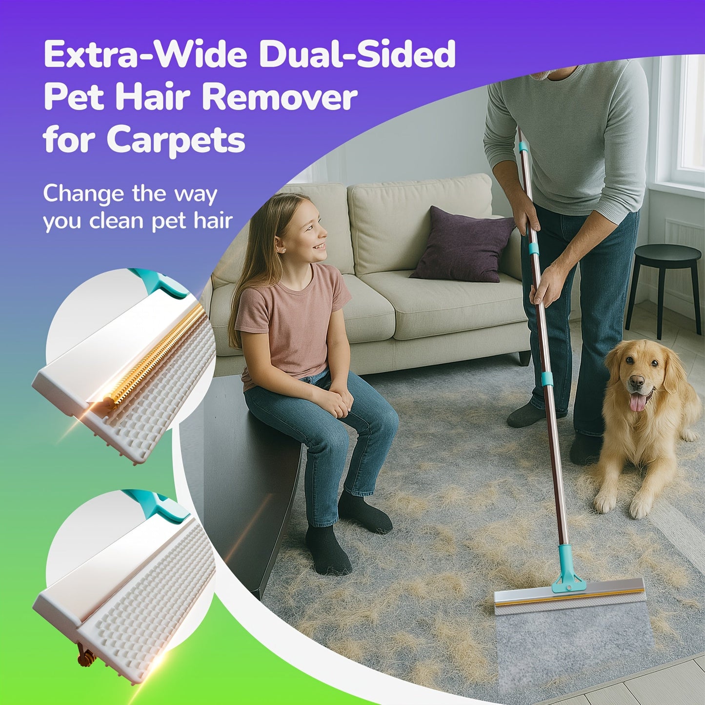 Pet Hair Remover Carpet Rake – 51-Inch Long Handle Dog & Cat Hair Removal Tool for Carpets, Rugs, Upholstery & Stairs | Deep Cleaning Fur Rake | Reusable & Ergonomic Design for All Floor Types