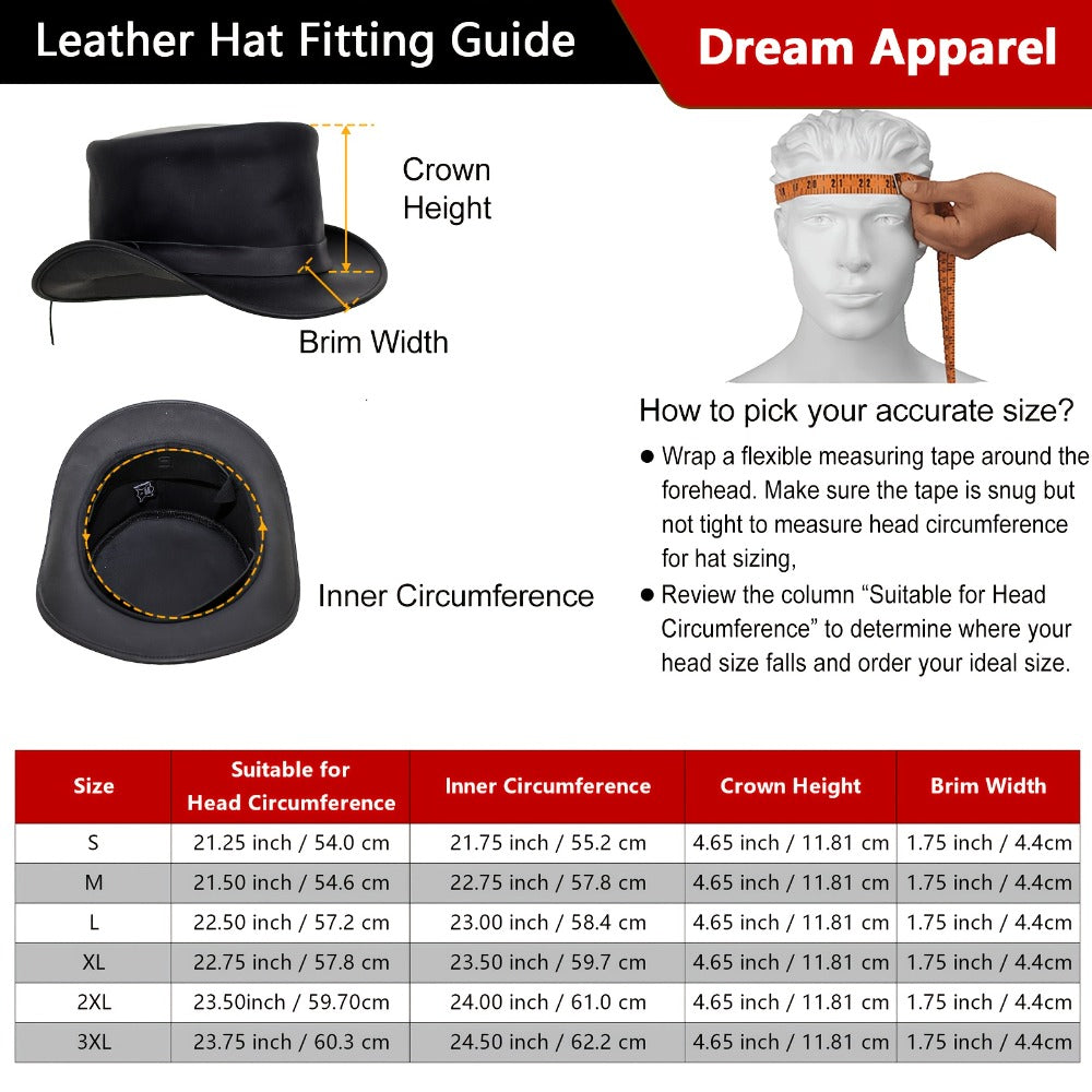 Genuine Leather Top Hat Steampunk – Shapeable Wide Brim Gentleman Hat for Men Women, Halloween Costume Topper, Deadman Victorian Derby Hat, Handcrafted Top-Grain Leather, Black, Sizes S-3XL