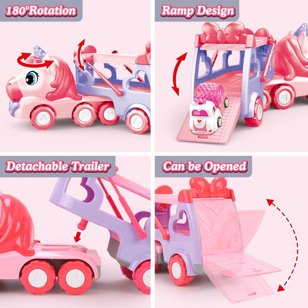 Pink Carrier Truck Toy with 4 Mini Cars, Music & Lights – Battery Powered Pull-Back Transport Vehicle for Girls Boys Ages 3+, Holiday Birthday Christmas Gift