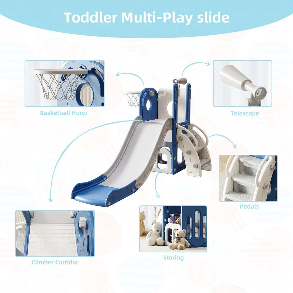 Toddler Slide & Climber Playset L-Shaped Indoor Outdoor Playground with Basketball Hoop Storage Telescope Easy Assembly Birthday Gift Boys Girls