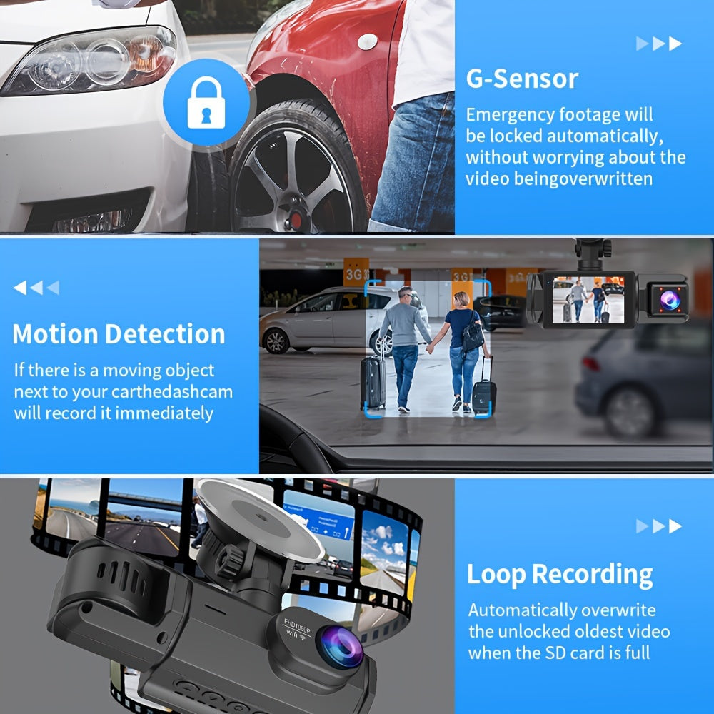 Car Driving Recorder, FHD1080P Car 2/3 Cameras, 170° Wide-angle Lens, Built-in Wifi, Adjustable Built-in Camera, Super Night Vision Black Box, Loop Recording, Motion Detection, Optional 32GB Memory Card, Car Front And Rear 360-degree Driving Recorde