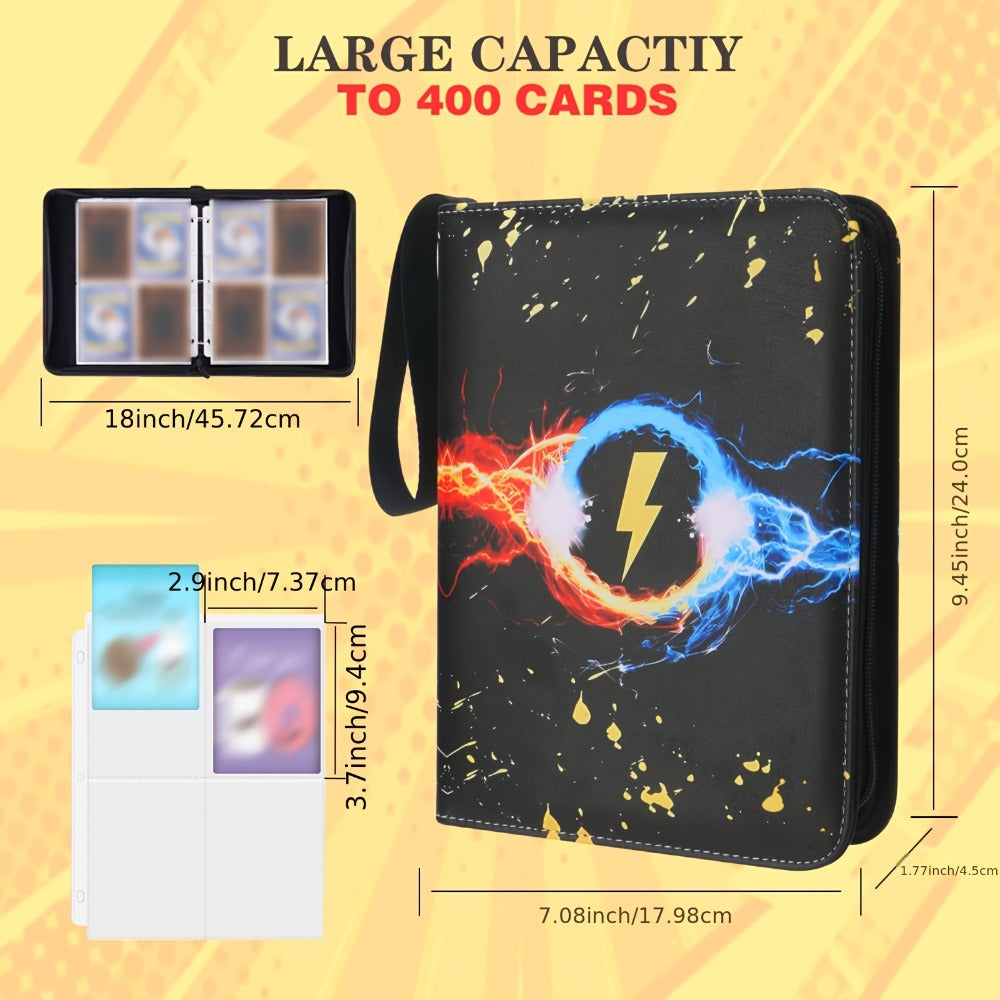 Trading Card Binder 400 Pockets – Faux Leather Lightning Bolt Design, Double-Sided Sleeves for Pokemon MTG TCG Sports Cards, Collectible Card Album for Adults & Teens