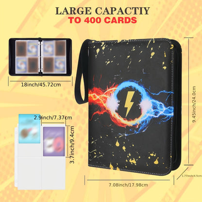 Trading Card Binder 400 Pockets – Faux Leather Lightning Bolt Design, Double-Sided Sleeves for Pokemon MTG TCG Sports Cards, Collectible Card Album for Adults & Teens