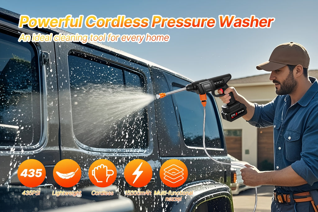 LOVEWE 300 Watt Cordless High Pressure Electric Car Wash - Equipped with 6-in-1 Nozzle, 1.3GPM Handheld Car Wash Gun, for Car Wash/Home/Floor/Garden Cleaning, Includes1/2 X 15000mAh Batteries, 60 Minutes Battery Life, for Independence Day