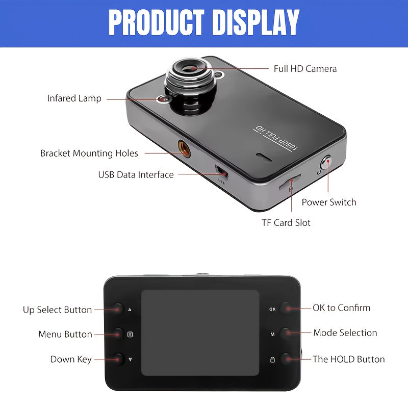 1080P Dash Cam - Suction Cup Support - 2.2-Inch Dash Camera Car Camera 1080P Car DVR Night Vision Loop Recording Suction Cup Type Single Lens Without SD Card- Multiple Colors - Gift