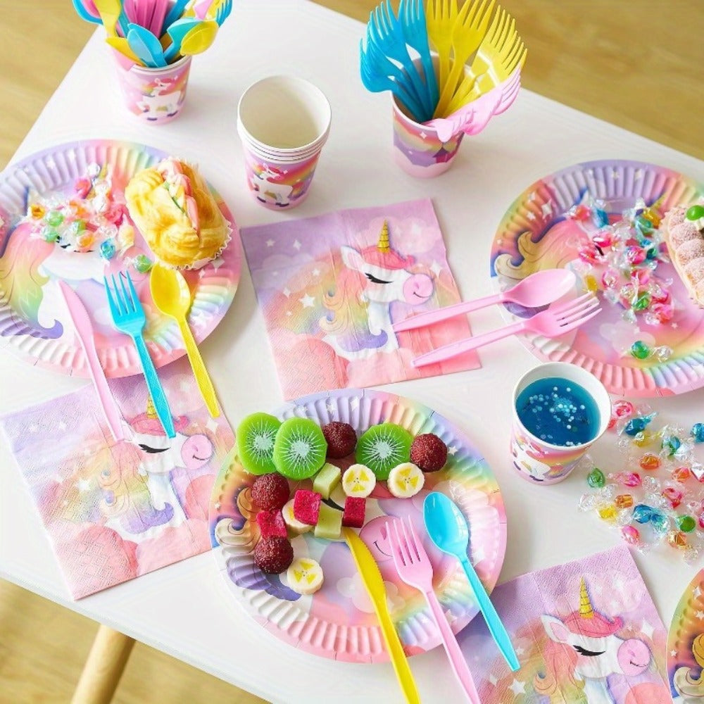 Unicorn Party Supplies 145 Pcs for 24 Guests – Disposable Tableware Set with Plates Cups Napkins Cutlery & Happy Birthday Banner for Unicorn Theme Birthday Party Decorations & Celebrations