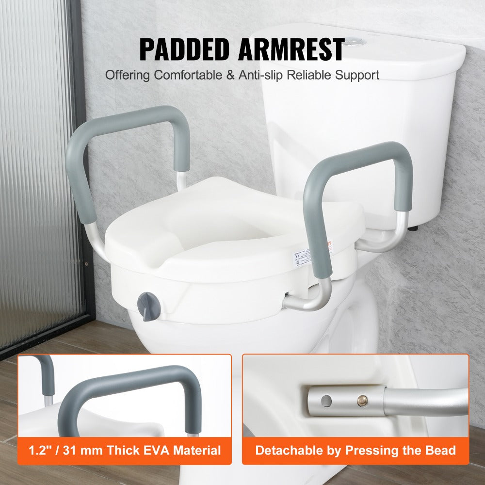 Raised Toilet Seat with Arms for Seniors & Elderly - 5 Inch Elevated Toilet Seat, 350 lbs Capacity, Twist Lock, Adjustable Armrests with Padding, Fits Round & Elongated Toilets