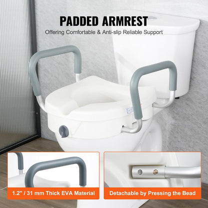 Raised Toilet Seat with Arms for Seniors & Elderly - 5 Inch Elevated Toilet Seat, 350 lbs Capacity, Twist Lock, Adjustable Armrests with Padding, Fits Round & Elongated Toilets