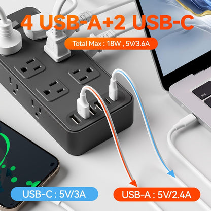 Charging Station Power Strip 18-in-1 with 12 AC Outlets 4 USB-A 2 USB-C Ports Surge Protector Flat Plug 5FT PVC Extension Cord Fire-Resistant for Home Office Travel Desk White Black