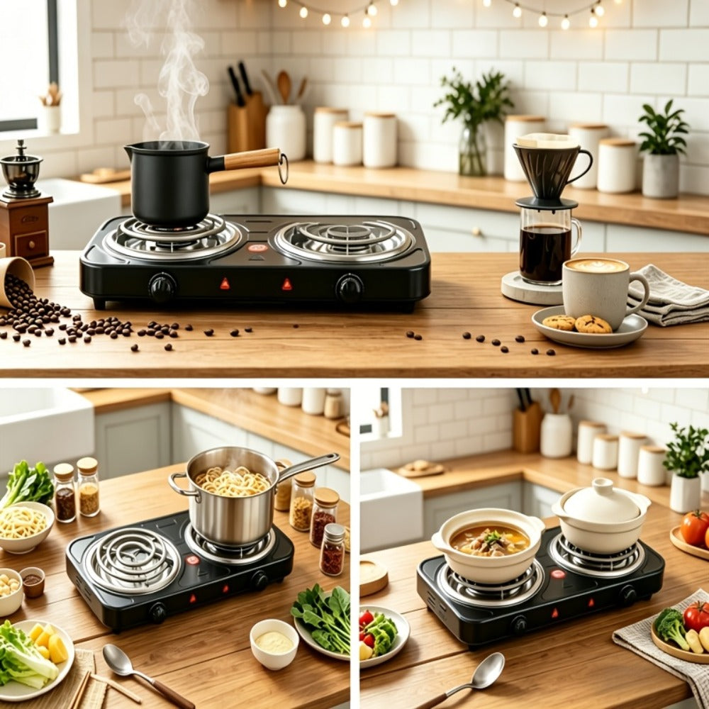 Portable Electric Stove Tabletop Double Burner – Adjustable Rotary Temperature Control, Compact Electric Charcoal Heater for Home, Office, Dorm, Camping, Milk & Coffee Heating, Black