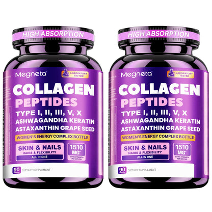 Collagen Capsules Type I II III V X with Vitamin C, Hyaluronic Acid & Biotin — Skin Hydration, Elasticity, Hair & Nail Growth Supplement | Anti-Aging Beauty Formula for Women & Men | 3rd Party Tested | 90 Capsules | 1 or 2 Bottle