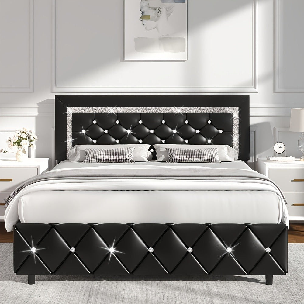 Bed Frame, Upholstered with Diamond Tufted Headboard, Faux Leather Headboard shown in the main product view