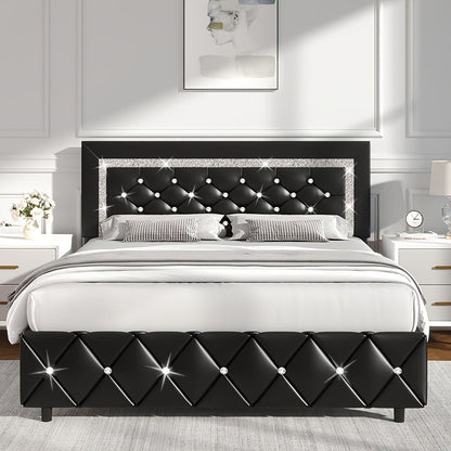 Bed Frame, Upholstered with Diamond Tufted Headboard, Faux Leather Headboard shown in the main product view