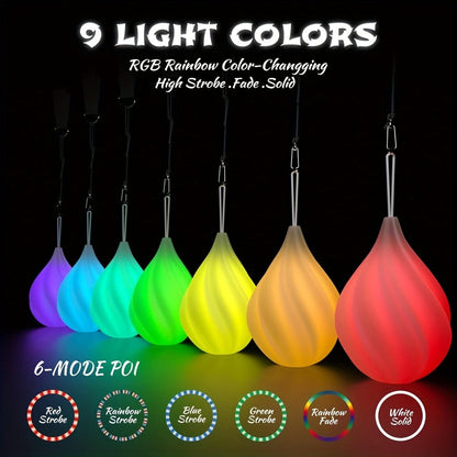 Glow Poi Balls LED Spinning Set 1 Pair – Rainbow Fade & Strobe Light Up Poi for Beginners & Professionals Flow Arts Dance Rave Festival Performance Toy Gift