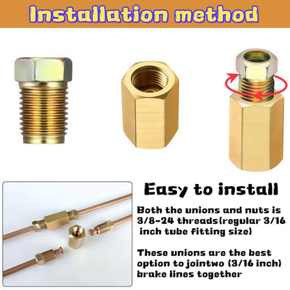 Brake Line Fittings Assortment Kit – 3/16", 1/4", 5/16" & 3/8" Tube Sizes, Inverted Flare Union Connectors, Multiple Thread Sizes, with Optional Hose Clamps for Automotive Brake Line Repair