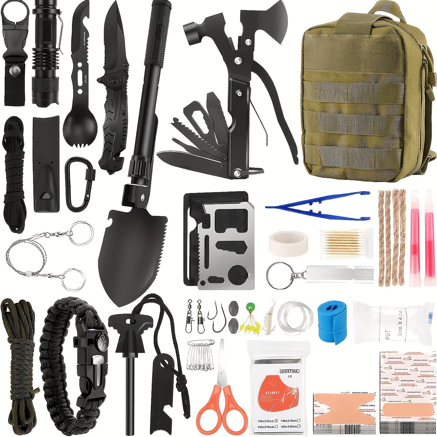 142-Piece Emergency Survival Kit with MOLLE System – Outdoor Gear Set with Axe, Folding Shovel, Knife & Lantern for Camping, Hiking, Hunting & Adventure
