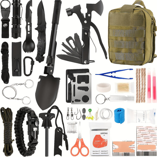142-Piece Emergency Survival Kit with MOLLE System – Outdoor Gear Set with Axe, Folding Shovel, Knife & Lantern for Camping, Hiking, Hunting & Adventure