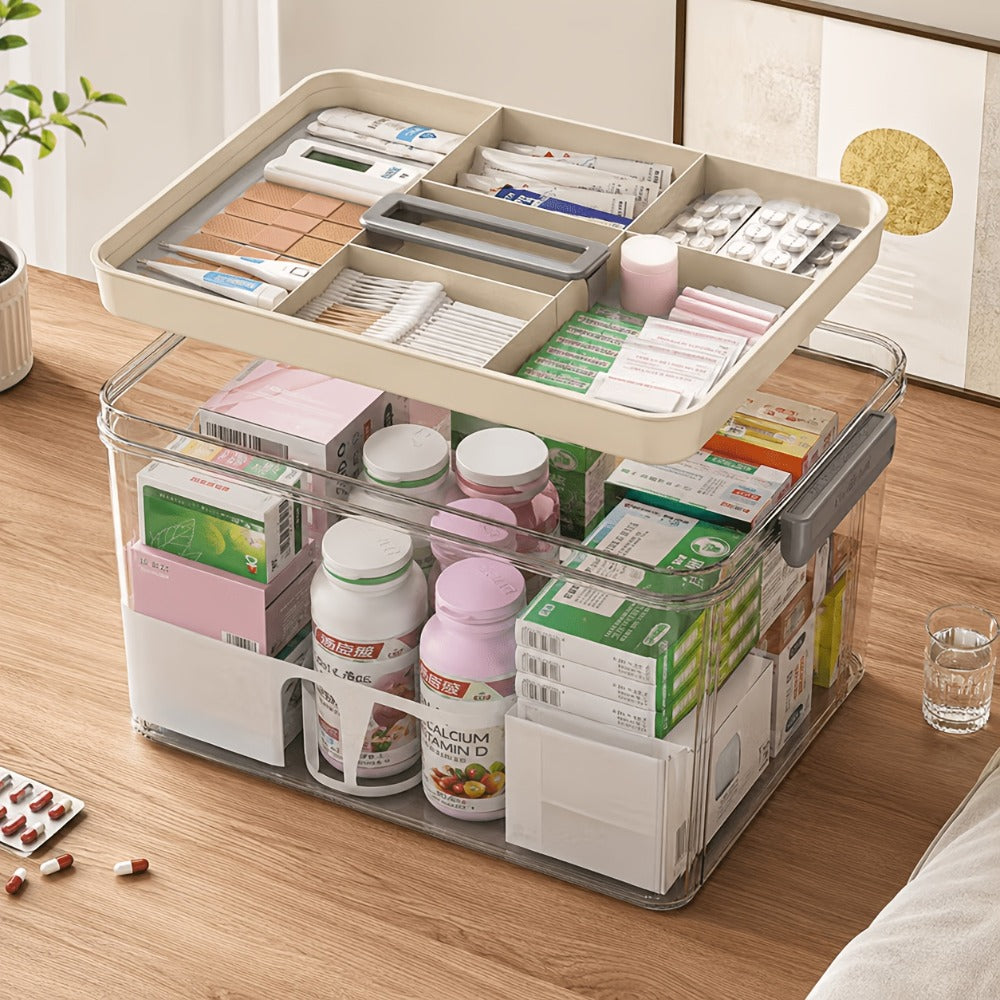 Medicine Storage Box with Handle, Multi-Layer Transparent Plastic Pill Organizer Cabinet, Portable Home Medicine Chest for Bedroom Bathroom Office Desk, Spacious Drug & First Aid Supply Organizer