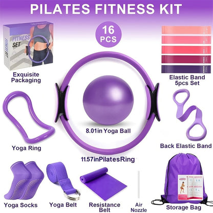 Silicone Pilates Exercise Set 16-Piece – Pilates Rings, Resistance Bands, Yoga Ball & Accessories for Home Yoga & Daily Fitness Workouts – Pink & Purple