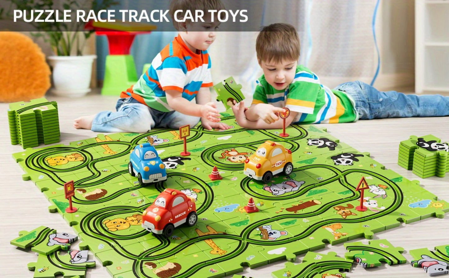 Jigsaw Puzzle Race Track Car Set Toy for Boys Kids – 39 56 73 PCS Flexible Building Track with Toy Cars | STEM Educational Play | Best Birthday Christmas Gift Ages 3 4 5 6 7