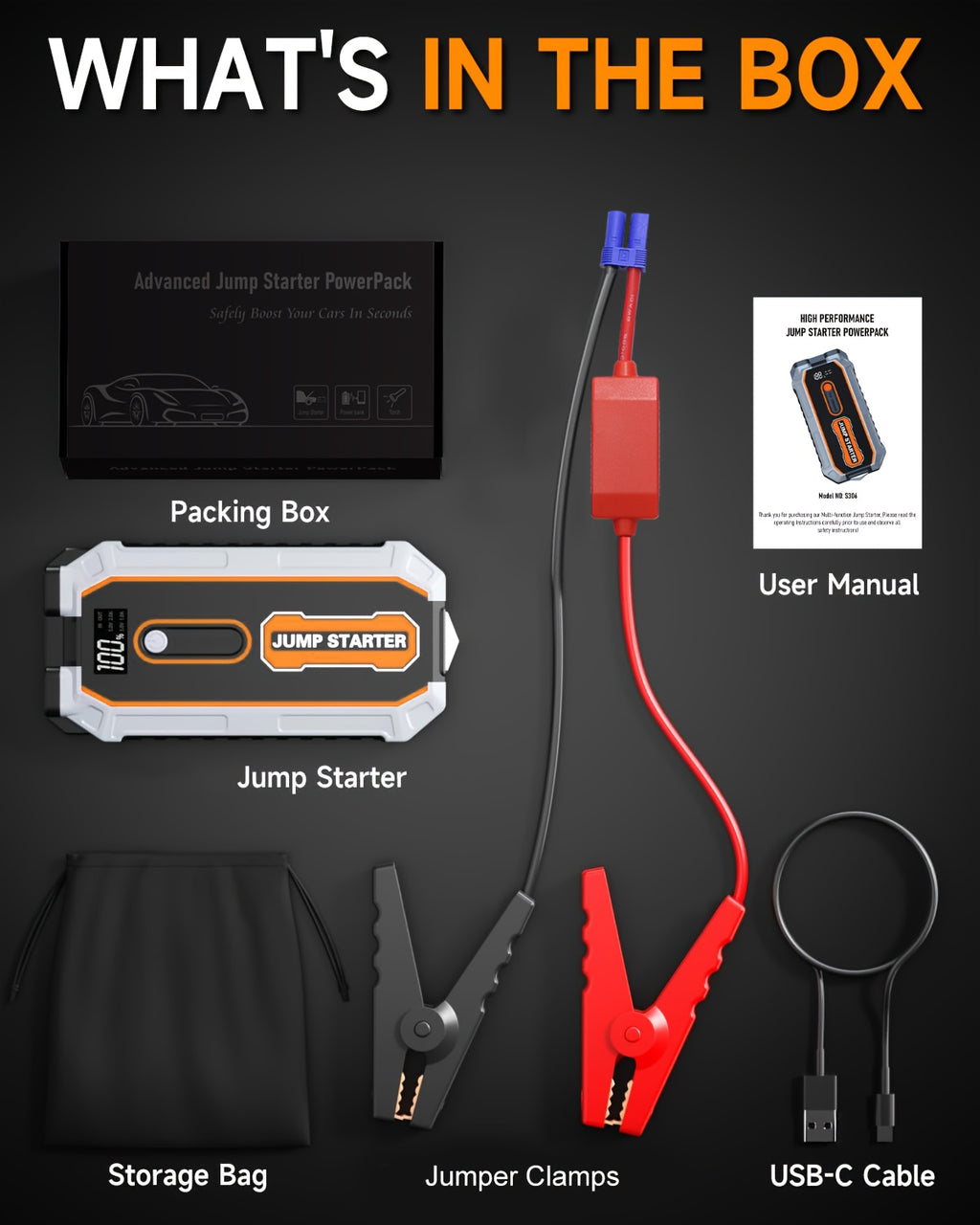 Powerful Car Battery Jump Starter with a Peak of 6500A, Suitable for 2.64gal Gasoline And 2.11gal Diesel Engines, Equipped with Safety Features Such As a Flashlight And Emergency Hammer