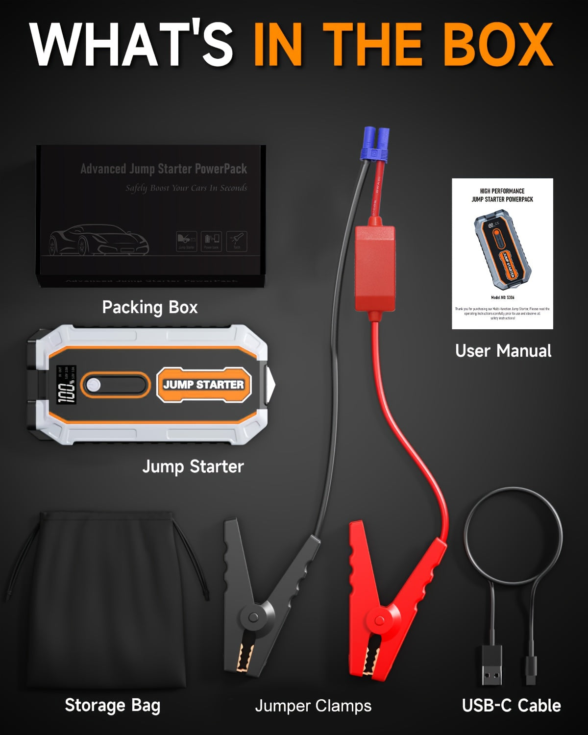 Powerful Car Battery Jump Starter with a Peak of 6500A, Suitable for 2.64gal Gasoline And 2.11gal Diesel Engines, Equipped with Safety Features Such As a Flashlight And Emergency Hammer