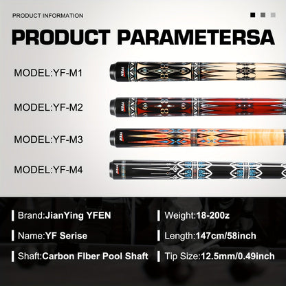 Carbon Fiber Pool Cue Stick Low Deflection Billiard Cue with 11.8mm 12.5mm Tip Pro-Taper Shaft Canadian Maple Butt Extension Compatible Professional Pool Cues for Competitive Play and Tournament Use