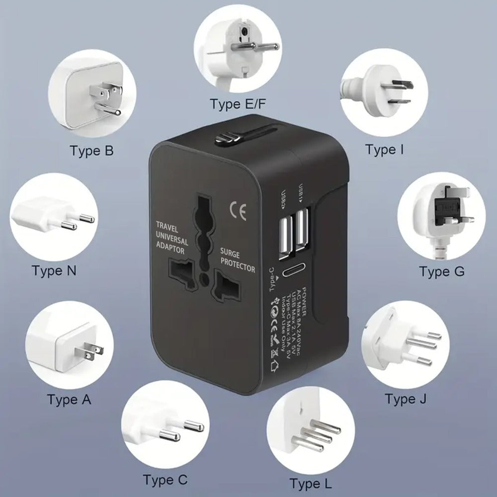 Universal Travel Adapter with Surge Protection - 2 USB & Type-C Ports, All-in-One International Plug for 350+ Countries, 100-240V Input, Fast Charging, Compact Lightweight Design, White & Black