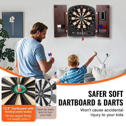 Electronic Dartboard Cabinet Set with LED Scoring – 13.5" Soft Tip, 40 Games 590 Variations, Retro Wood Cabinet, 1-8 Players, 12 Darts & All Accessories Included
