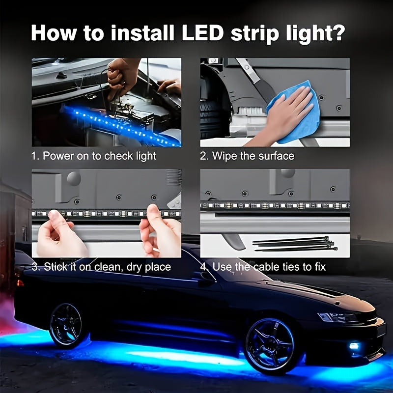 4-Car RGB 8-Color Sound Music Feature And Wireless Remote Control Underbody Light Bar for Car SUV Truck Application Control Music Mode Car Underlight Bar, Underglow LED Light Kit, Without Battery