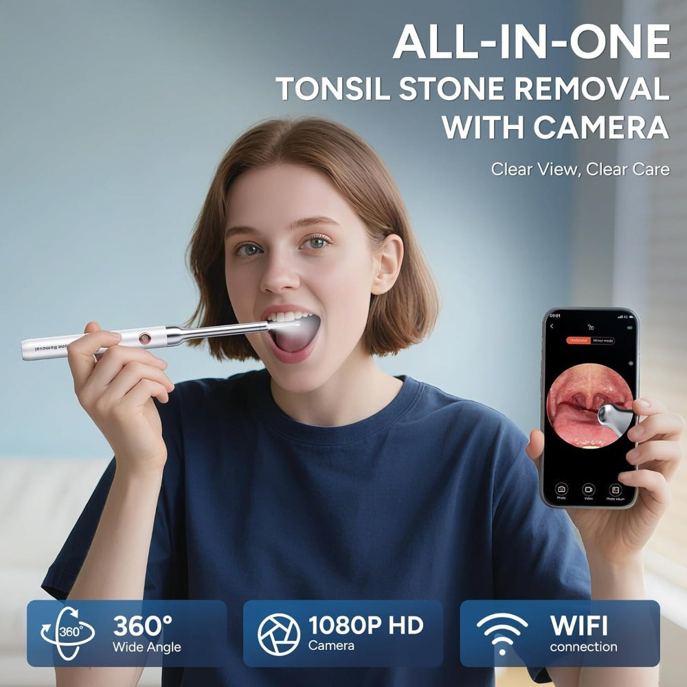Visual Tonsil Stone Remover with 1080P HD Camera – 6 LED Lights, 5 Stainless Steel Heads, Bad Breath Prevention, iOS & Android Compatible, At-Home Tonsil Care Kit